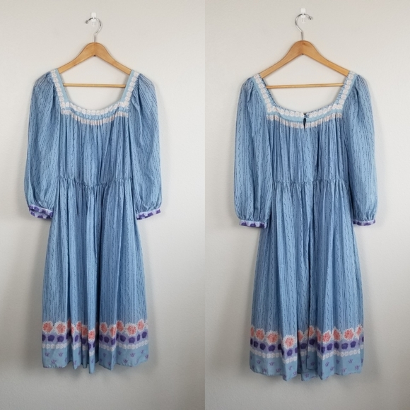 Vintage 70s Jean Jourdan Paris Prarie Peasant Cottagecore Blue Floral Midi Dress - Picture 9 of 10